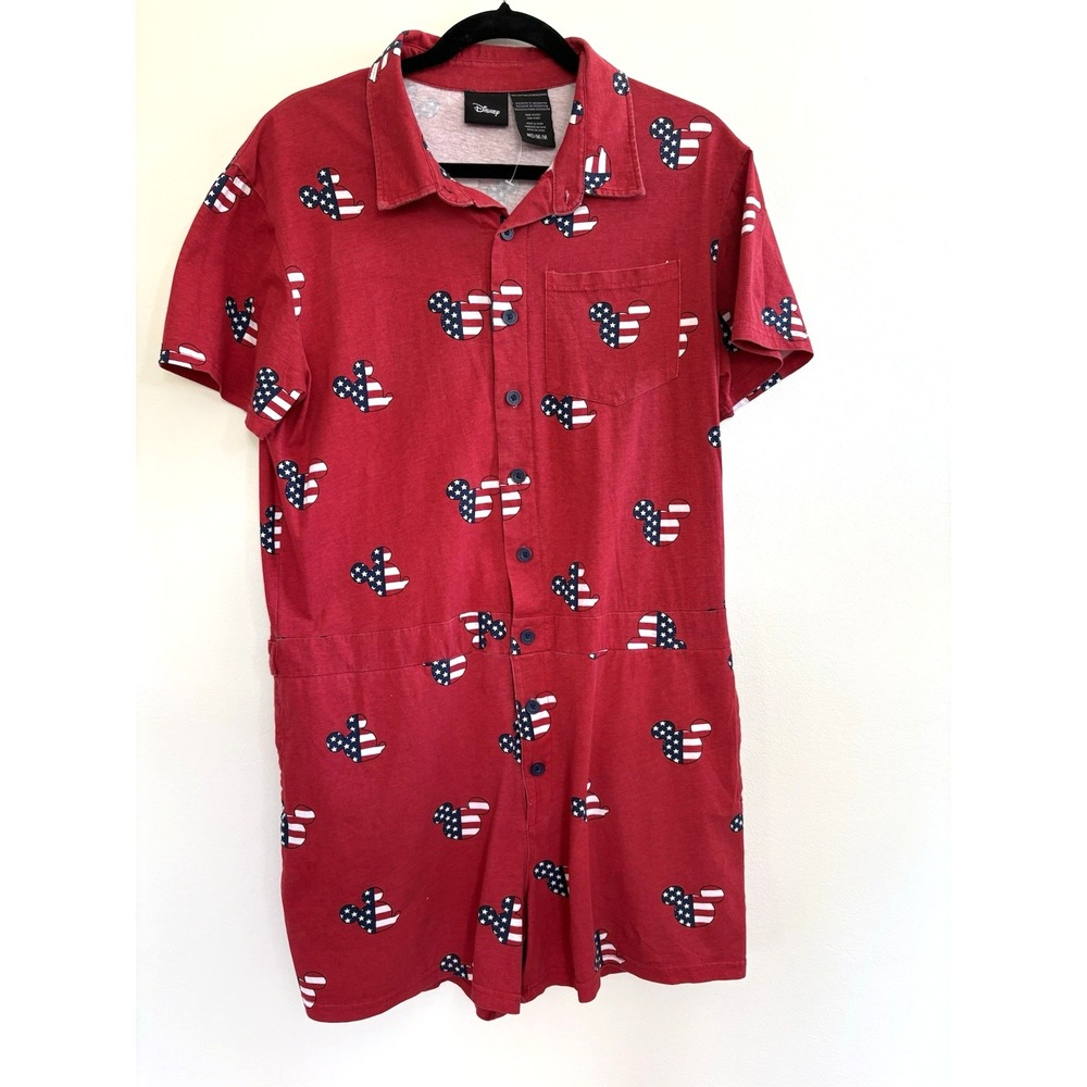 Disney‎ Mickey Mouse Americana Romper Red Stars Stripes Button Front Mens Medium